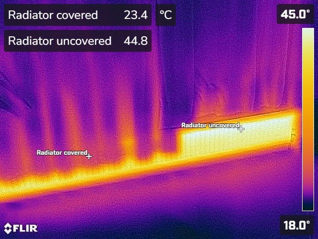 Thermal image of curtains partially covering a radiator